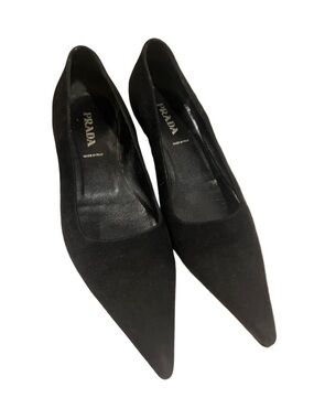 Prada Black Pointed Suede Chunky Kitten Heels